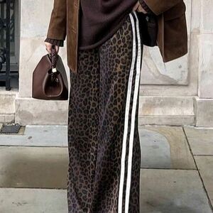 SHEIN Brown Leopard Print Pants with White Side Stripes